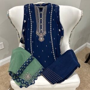 Elegant Blue and Green Embroidered Outfit